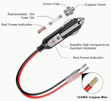 12 Volt Fused Replacement Cigarette Lighter Plug with Leads