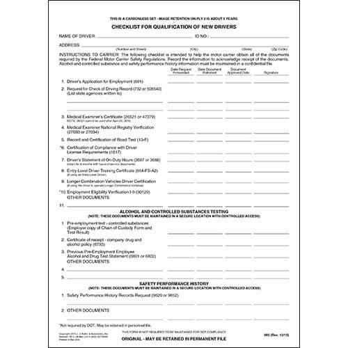Check Sheet for Driver Qualification
