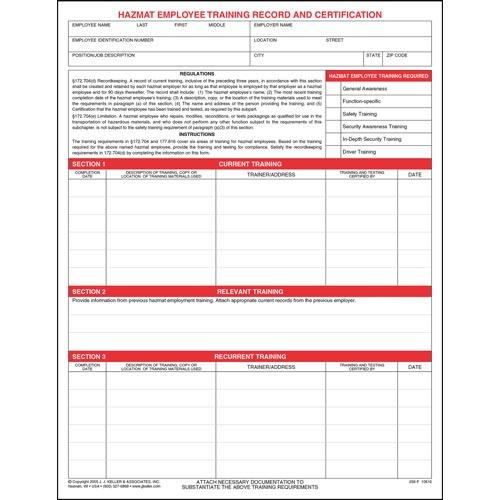 Hazmat Employee Training Record Certification Form