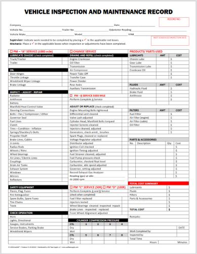 Vehicle Inspection and Maintenance Record Detailed