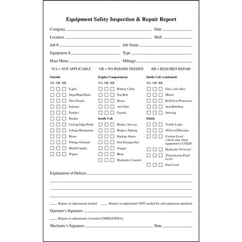 General Equipment Inspection Report 2-Part Carbonless Form