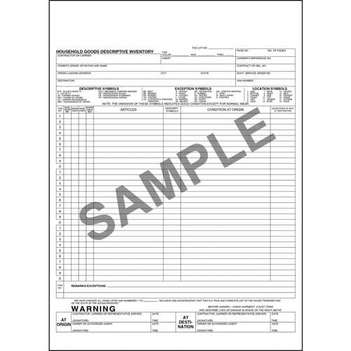 Household Goods Descriptive Inventory Form Short Form 5-Part Snap-Out Carbonless