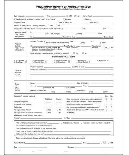 Preliminary Report of Accident or Loss