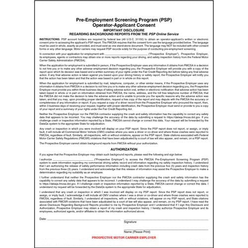 Pre Employment Screening Program PSP Operator Applicant Consent Form