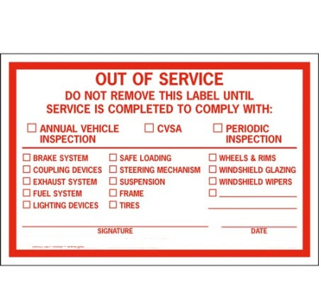 Out of Service Windshield Label