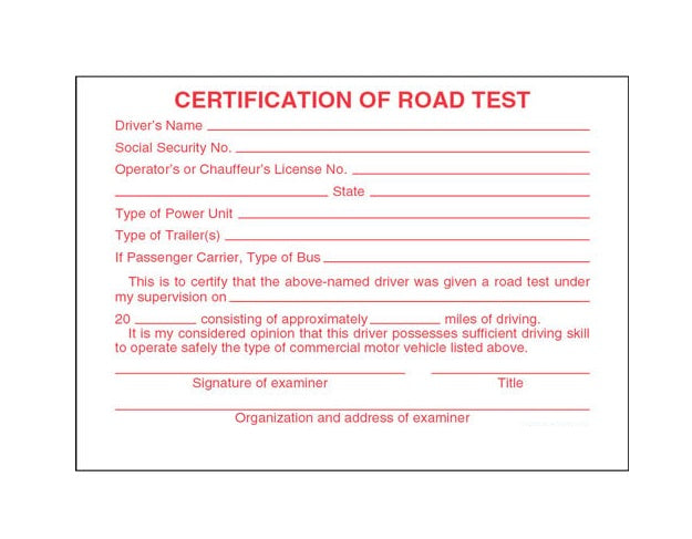 Certification of Road Test Pocket Card