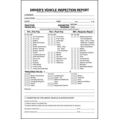 Detailed Driver's Vehicle Inspection Form, 3-Part, Carbonless