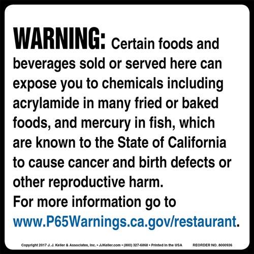 California Prop 65 Restaurants Warning Label