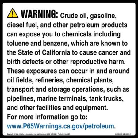 California Prop 65 Petroleum Products Warning Sign