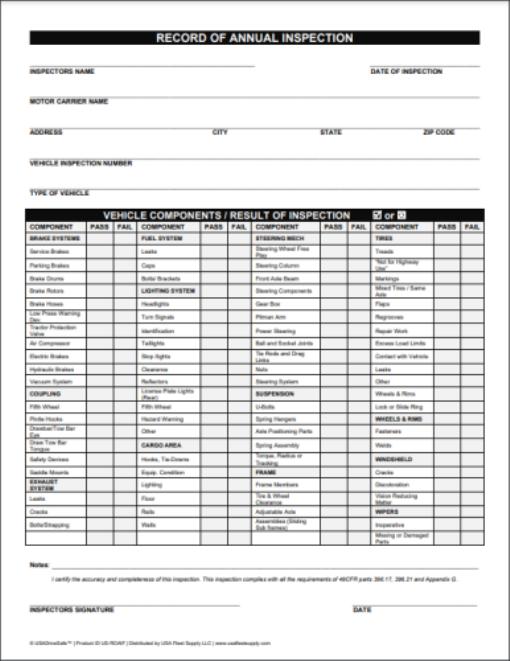 Record of Annual Vehicle Inspection Report Form 3-Part – USADriveSafe