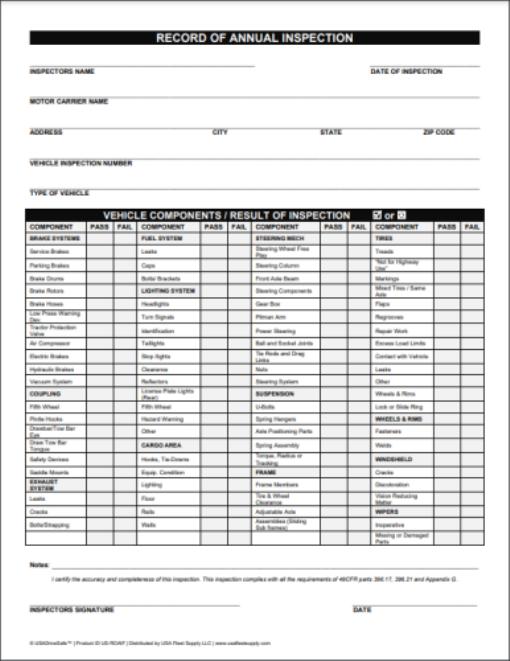 Record of Annual Vehicle Inspection Report Form 3-Part