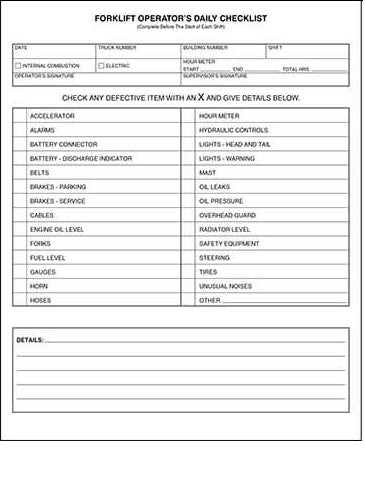 Operator Check Paper Forklift Operator Daily Checklist Form – USADriveSafe