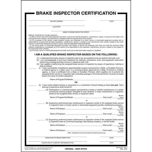 Brake Inspector Certification Form