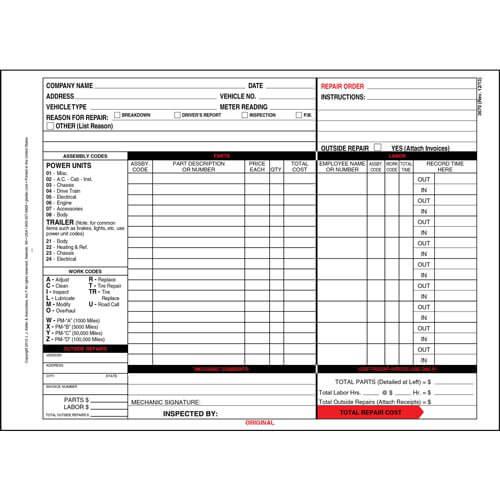 Garage Repair Order with Work Codes 3-Part Carbonless