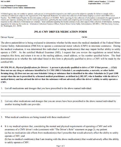 CMV Driver Medication Form MCSA-5895