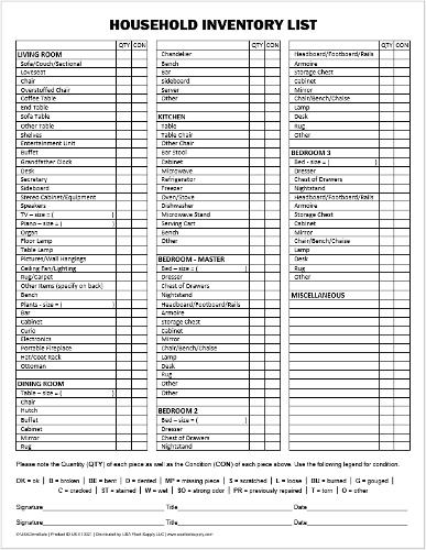 Movers Household Inventory List