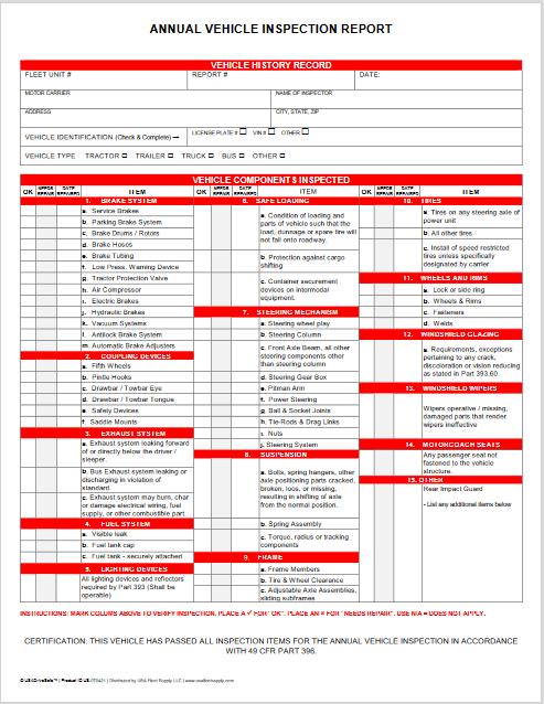 Annual Vehicle Inspection Report 2-Part Carbonless