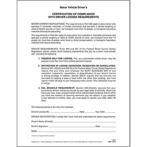 Drivers Certification of Compliance 2 Part Carbonless Form