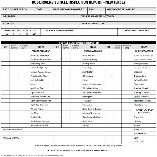 New Jersey Bus Driver Vehicle Inspection Report Form – USADriveSafe